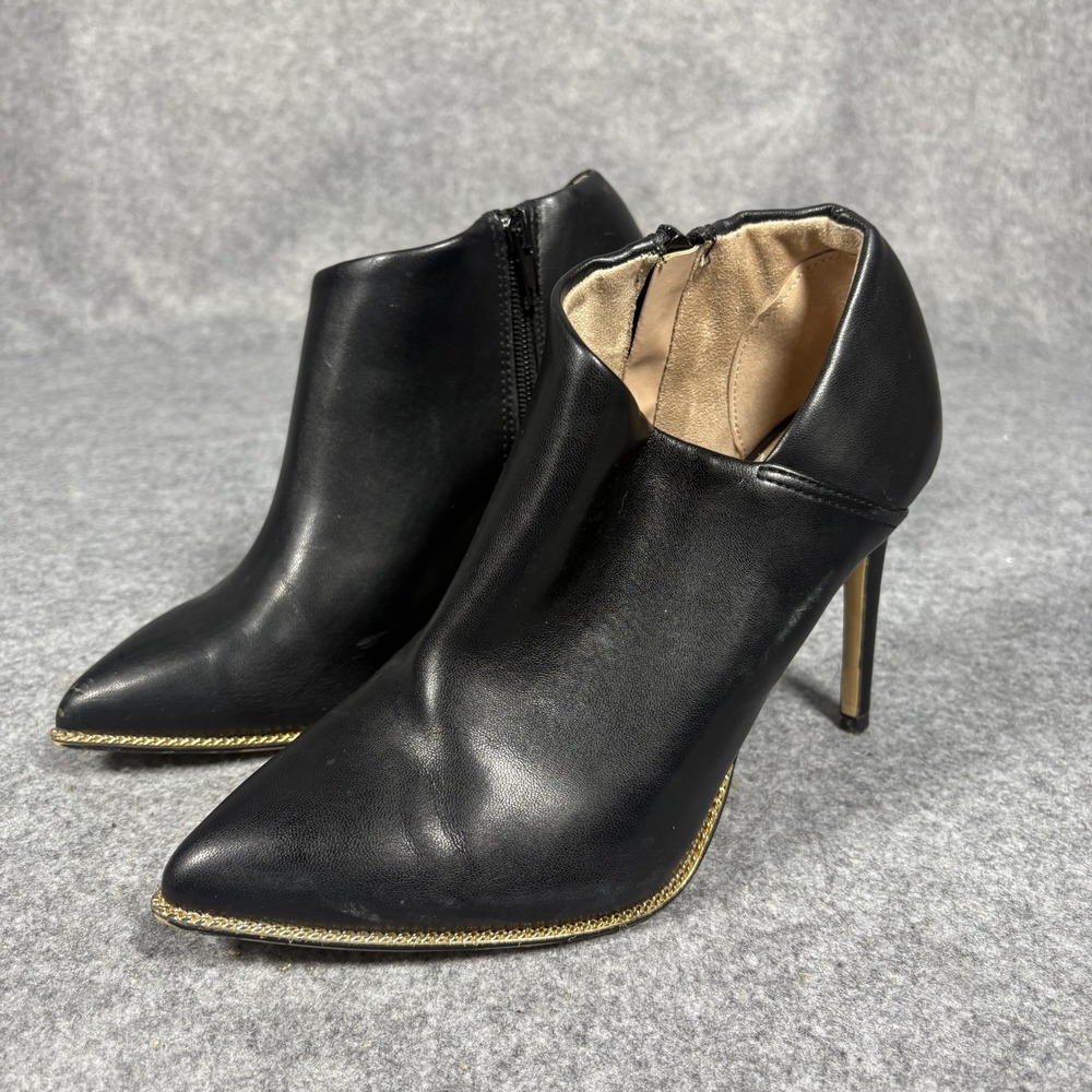 BCBGeneration Hadix Ankle Boots 7M Black Gold Chain Trim Stiletto Heel